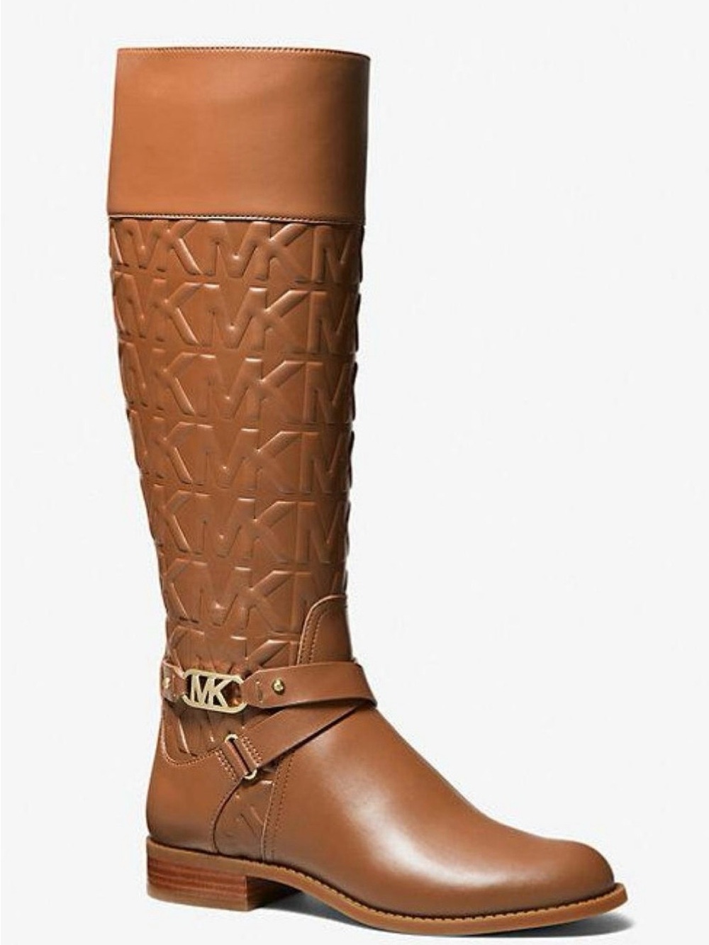 ✅ NEW ✅ Michael Kors Cognac Embossed MK Over-the-Knee Leather Boots - Picture 1 of 5